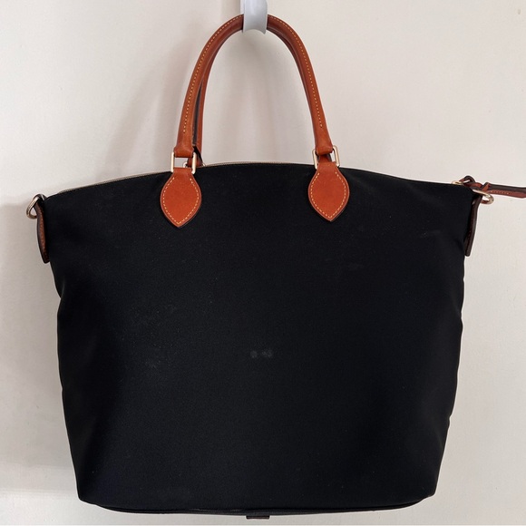 Dooney & Bourke Black Large Pocket Satchel Nylon Bag Tan Leather Trim Red Inside - Picture 11 of 14